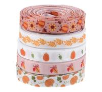YARNOW Grosgrain Ribbons Polyester Material 5 Rolls Fall Thanksgiving with Pumpkin and Maple Leaf Designs Reusable and Fade-Resistant Autumn Craft Ribbons for School Celebrations