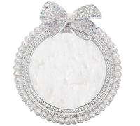 YARNOW Nail Art Display Board with Imitation Pearl Rhinestone Bow, Silver Manicure Palette for Gouache Mixing, Round Resin Tray Suitable for Nail Art Props & DIY Salon Use
