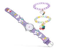 YARNOW Unicorn Watch with Cartoon Dial Arabic Numerals for Easy Reading Includes Watch and Pendant Bead Bracelets Vibrant Purple Design for Teaching and Style for Birthdays and S Day