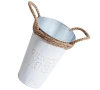 YARNOW Vintage White Iron Flower Bucket with Hemp Rope Handle, Smooth Surface and Easy to Move, for Home Flower Arranging and Decorative Planting