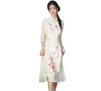 YAROVA Womens Chinese Dress -Summer Cheongsam Chinese Style Retro Plus Size Loose Elegant Embroidered Dress Young Modern Improved Dresses Short Sleeve Qipao,White,4Xl