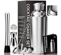 YARRAMATE 304 Stainless Steel 24 oz Cocktail Shaker 8-Pcs Set with Built-in Strainer, Premium Vacuum Insulated Martini Shaker Kit-Jigger Mixing Spoon Muddler 2 Pourers Cocktail Recipe for Drink Mixing