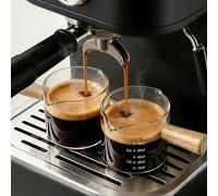 YARRAMATE Espresso Cups with Wood Handle, Clear Glass Espresso Accessories, Glass Measuring Cup with Dual Scale, Measuring Shot Cup with V-Shaped Spout, 3.4 OZ / 100 ML (2 Pack Double-Spout)