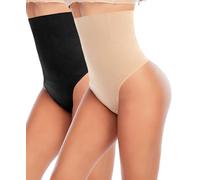 YARRCO Tummy Control Thong Shapewear for Women High Waist Control Knickers Tummy Tucking Thong Knickers Slimming Pants Shaping Underwear Seamless Butt Lifter Panties (#05 Black+Beige,S)