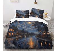 YARUHAN Bedding Set 220 * 260CM Night scene by the river in a small town 3D motifs Kids Duvet Cover Set,Extra large size,Breathable Comfortable Bedding Set 3 pcs for Teen Room Decor#YR4