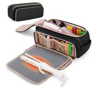 YARWO Upgraded Hair Tools Travel Bag with Heat Resistant Mat for Straightener, Curling/Flat Iron, Blow Out Brush/Curler, 2 in 1 Hot Hair Styling Tool Organizer with Pockets for Hair Accessories, Black
