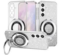 Yarxiawin Phone Case for Samsung Galaxy S25 FE 5G with Ring Holder Magnetic, Effect Glitter for Samsung S25 FE Case Clear Silicone Soft Slim Cover Shockproof Aesthetic (Silver)