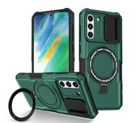 Yarxiawin Phone Case for Samsung S21 FE 5g with Ring Stand Magnetic Black fits Wireless Charger, Camera Lens Protector Cover for Samsung Galaxy S21 FE Case Shockproof Anti-Slip (Dark Green)