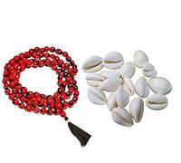 Yash & Co Red Gunja Seed Laal Chirmi Beej Gurinvida jaap japa Mala and necklace with 11 white Kaudi Kowdi kawdi Kauri Kodi Cowrie For Money, Prosperity Beads Mala
