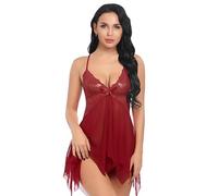 YaShaer Womens Sexy Lace Lace Chemise Nightwear Sleepwear Set V Neck Babydoll with G-String Red Size 2XL