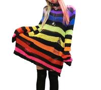 YASHANG Women's Gothic Punk Grunge Pullover, Long Sleeve Crew Neck Oversize Striped Ripped Long Knitted Jumper Dress, Long Jumper Tops, Rainbow, One Size fits All
