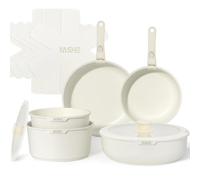 YASHE 13Pcs Pots and Pans Sets Non Stick, Kitchen Cookware Sets, Induction Pan Set for RV Set, Pans with Detachable Handle, Granite White, Oven Safe, PFOA Free