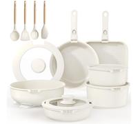 YASHE 21-Piece Pots and Pans Set,Nonstick Cookware Set, Detachable Handles & Glass Lids，Induction Compatible, Oven Safe, Stackable Cookware for Kitchen,White