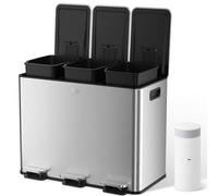 YASHE 45L Kitchen Recycling Bin, 3 Compartment Pedal Bin (3x15L), Fingerprint-Proof Stainless Steel Waste Separation Dustbin with Odour Filter, Soft-Close Lid & 20 Rubbish Bags, Silver
