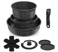 YASHE 9 Piece Pots and Pans Sets with Removable Handles, Non-Stick Cookware Set, Black Granite Induction Cookwar, Stackable, Easy to Clean, PFOA-Free