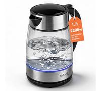 YASHE Electric Glass Kettle 1.7L, 2200W Fast Boil Kettle with Blue LED Light, Automatic Shut-Off and Boil-Dry Protection Filter Button to Open lid Clear Glass Cordless Design