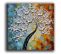 YaSheng Art - hand-painted Oil Painting On Canvas white Flowers Paintings Modern Home Interior Decor Abstract Art picture Ready to hang 24x24inch