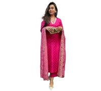 Yashika Kurta Trousers for Women Silk Blend Table Print with Painting Cotton Digital Print Dupatta and Embroidery Suitable for Any Indian Occasion, pink, L
