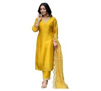 Yashika Kurta Trousers for Women Silk Blend Table Print with Painting Cotton Digital Print Dupatta and Embroidery Suitable for Any Indian Occasion, yellow, L