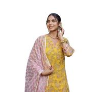 Yashika Women's Cotton Blend Floral Regular Kurta Go-to Ethnic Ensemble: upgrade your everyday look with our printed kurti pant dupatta sets, yellow, XL
