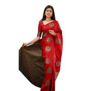 Yashika Women's Cotton Silk White Saris with Blouse Material, red, One size