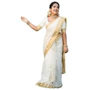 Yashika Women's Solid White Color and Gold Border Cotton Blend Saree with Unstitched Blouse Material-Special for Pongal Onam Festival (AZ-YS-OG1-PONGAL, White, One Size, White, One Size