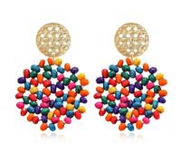 YasiIm Handmade Unique Gold Hollow Disc Dangle Drop Earrings Chic Weave Bead Round Geometric Stud Earrings For Women, L, rice pearl, No Gemstone