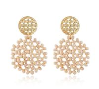 YasiIm Handmade Unique Gold Hollow Disc Dangle Drop Earrings Chic Weave Bead Round Geometric Stud Earrings For Women, L, rice pearl, No Gemstone
