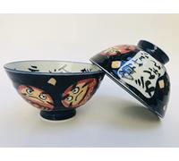 Yasirona 2 Pc Japanese Dark Blue Daruma Rice Bowl Set Includes 2 Bowls