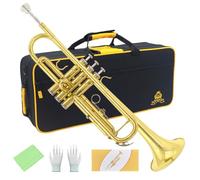 Yasisid Bb Standard Trumpet Set instrument,Brass Trumpet Instrument with Hard Case, Cleaning Kit, 7C Mouthpiece and Glovesfor adults or kids -Beginner (gold)