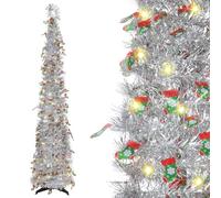 Yaskyly 5ft/1.5m Pre-Lit Artificial Christmas Tree Pop Up Christmas Tree with Timer Lights & Christmas Socks Collapsible Artificial Tree Xmas Decoration for Porch Home Harvest Thanksgiving Party Xmas