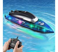 Yaskyly RC Boat 100 Mins Running Time, 2.4GHz Remote Control Boat with LED Lights 15KM Fast Speed with Rechargeable Battery Self-Righting for Pool Lake Gift for Kids Adults Children