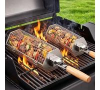 Yaskyly Rolling Grill Baskets for Outdoor Grill, 2PCS BBQ Grilling Basket, Flip Open Hexagon Design, Stainless Steel Grilling Accessories with Removable Wooden Handle for Meat Fish Vegetable Seafood