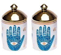 Yasmeen Artisan Hamsa Hand (Set of 2) Glass Canister | Tea, Coffee, Sugar Canister | White Canister | Kitchen Storage | Evil Eye Design | Decorative Kitchen Storage | Storage Jars