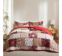 YASMENG Floral Plaid Patchwork Quilt Set Queen Soft Lightweight Microfiber | Red Brown White Plaid Color Block with Peony Flower Bedding, Lightweight Bedspread Coverlet, 2 Pillow Shams, All Seasons