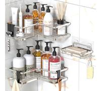 YASONIC 3-Pack Minimalist Modern Silver Shower Caddy, L-Shape Rust Resistant Scratchproof Strong Adhesive Reinforced Frame Large Capacity Corner Shower Organizer with Soap Holder and 4 Removable Hooks