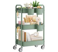YASONIC 3-Tier Rolling Cart, Green, 66 Pounds Capacity, Mesh Storage Organizer with Lockable Wheels, 3 Hanging Cups, 4 Hooks, Easy Assembly, for Kitchen, Bathroom, Laundry, Grocery