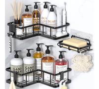 YASONIC Corner Shower Caddy Organizer, 3-Pack Self-Adhesive Rustproof Bath Shelves with Soap Holder & 4 Hooks, Large Capacity Shower Storage Rack for Bathroom Organization, Black