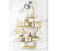 YASONIC Never Rust Shower Caddy Hanging Organizer - Aluminum Over-the-Showerhead Rack With 10 Hooks for Razor/Sponge and Soap Basket - Gold