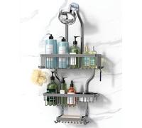 YASONIC Shower Caddy Hanging - Never Rust Organizer - Aluminum over The head caddy with 10 Hooks for Razor/Sponge - Shower Rack with Soap Basket - Grey