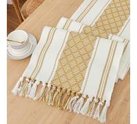 Yaspetala Rustic Table Runner with Tassels, Yellow and Beige Bicolor Woven, Washable, Suitable for Entryway, Dining Room, Kitchen, Weddings, Holidays, and Party Decor, 14”x72”, Mustard Yellow