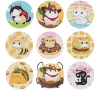 Yasrlvun 8PCS Cat Diamond Art Coasters Set DIY Diamond Coasters Kit Office Home Kitchen Cat Cup Diamonds Painting Coaster