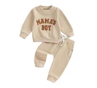 Yassiglia Baby Boy 2 PCS Outfits Long Sleeve Mama's Boy Letter Embroidery Pullover + Pocket Pants Set Toddler Clothes Tracksuit Newborn (Khaki, 0-6 Months)