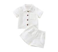Yassiglia Baby Boys 2Pcs Summer Outfits Short Sleeve Button Down Lapel Shirt + Shorts Set Toddler Cotton Two Piece Outfit Summer Clothing Sets (White, 6-12 Months)