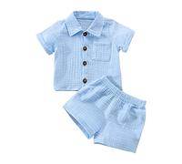 Yassiglia Baby Boys 2Pcs Summer Outfits Short Sleeve Button Down Lapel Shirt + Shorts Set Toddler Cotton Two Piece Outfit Summer Clothing Sets (Blue, 6-12 Months)