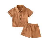 Yassiglia Baby Boys 2Pcs Summer Outfits Short Sleeve Button Down Lapel Shirt + Shorts Set Toddler Cotton Two Piece Outfit Summer Clothing Sets (Brown, 2-3 Years)