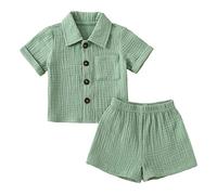 Yassiglia Baby Boys 2Pcs Summer Outfits Short Sleeve Button Down Lapel Shirt + Shorts Set Toddler Cotton Two Piece Outfit Summer Clothing Sets (Green, 12-18 Months)