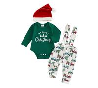 Yassiglia Baby Boys Christmas Outfits Long Sleeve Rompers + Elastic Pants + Santa Hat Toddler Fall Winter 3 Piece Sets Newborn My First Christmas Clothes (Green White Truck, 0-3 Months)