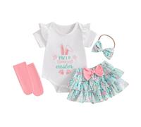 Yassiglia Baby Girl Easter Outfits 4 PCS Short Sleeve Romper + Rabbit Skirts + Headband + Socks Set First Easter Gifts (4PCS&Green, 12-18 Months)
