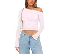 Yassiglia Basic Long Sleeve Tops Women Y2K Crop Top Women's Crew Neck Slim Fit Shirt Skims Dupe Casual Tight Baby Tees Girls Aesthetic Clothes (Light Pink-one Shoulder, L)